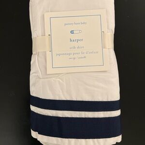 Pottery Barn Kids HARPER Crib Skirt in WHITE with NAVY Trim